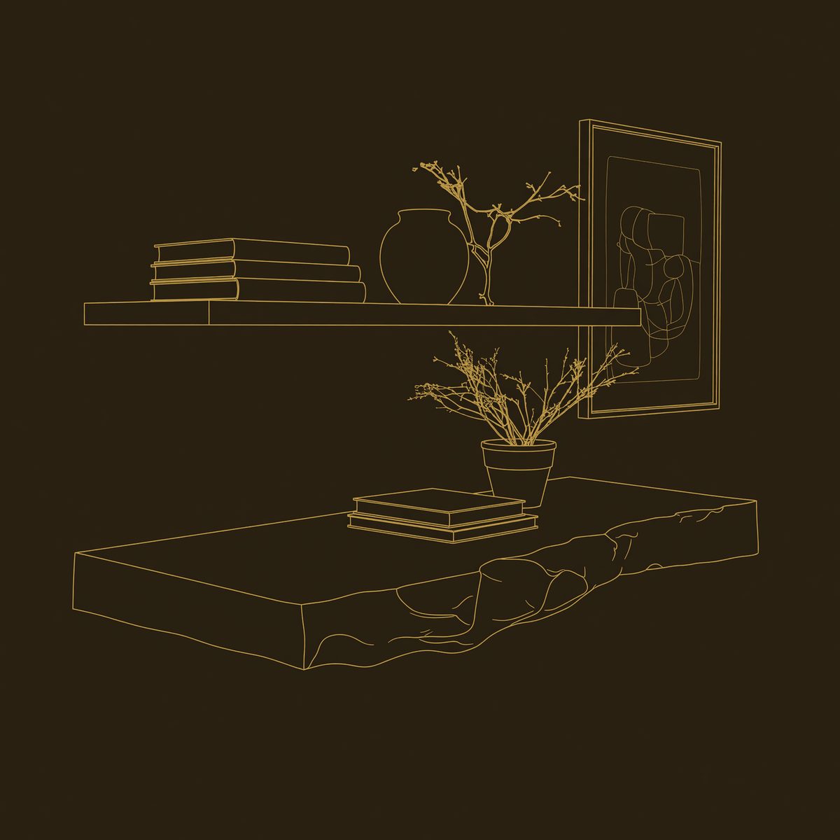 Riverform Wall Desk, Carved from a Single Wood Slab dimension diagram