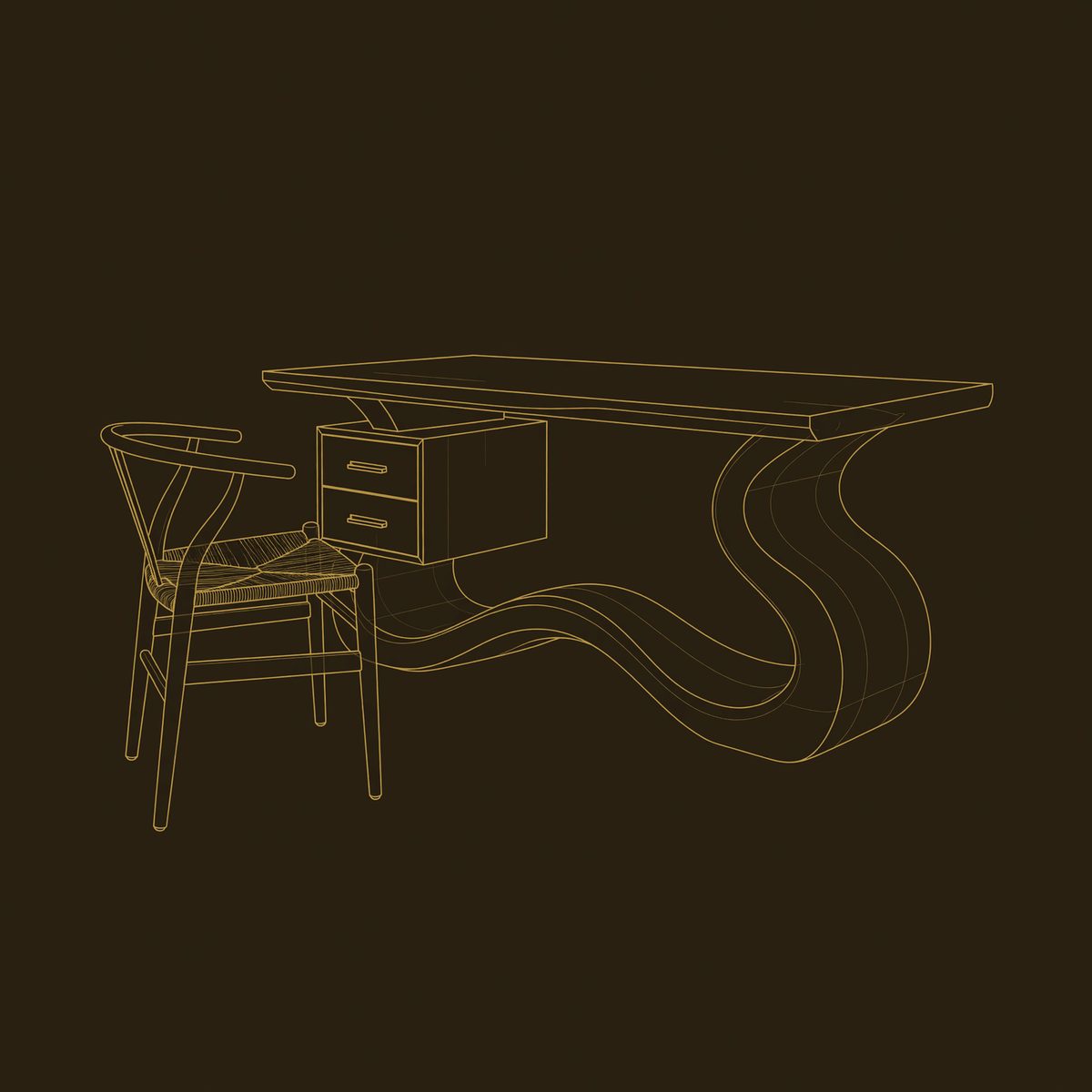 Serpentine Base Desk for a Sunlit Studio Corner dimension diagram