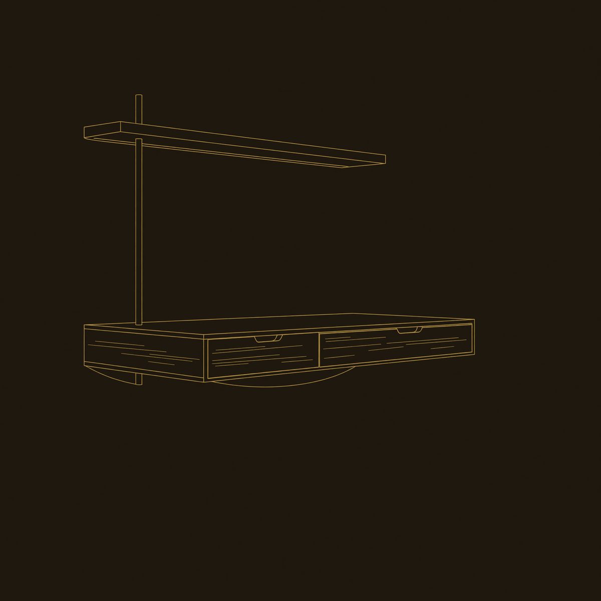 Slim Floating Desk in Solid Walnut with Two Drawers dimension diagram