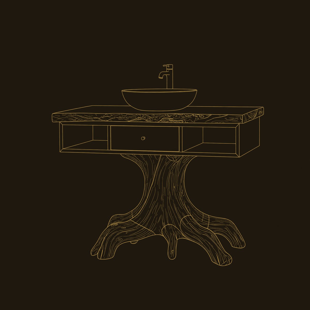 Solid Wood Live Edge Vanity Mid Century Rounded With Drawer Storage dimension diagram