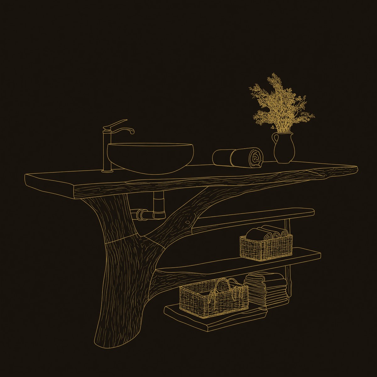 Solid Wood Live Edge Vanity Mid Century Solid Bathroom Organic Design dimension diagram