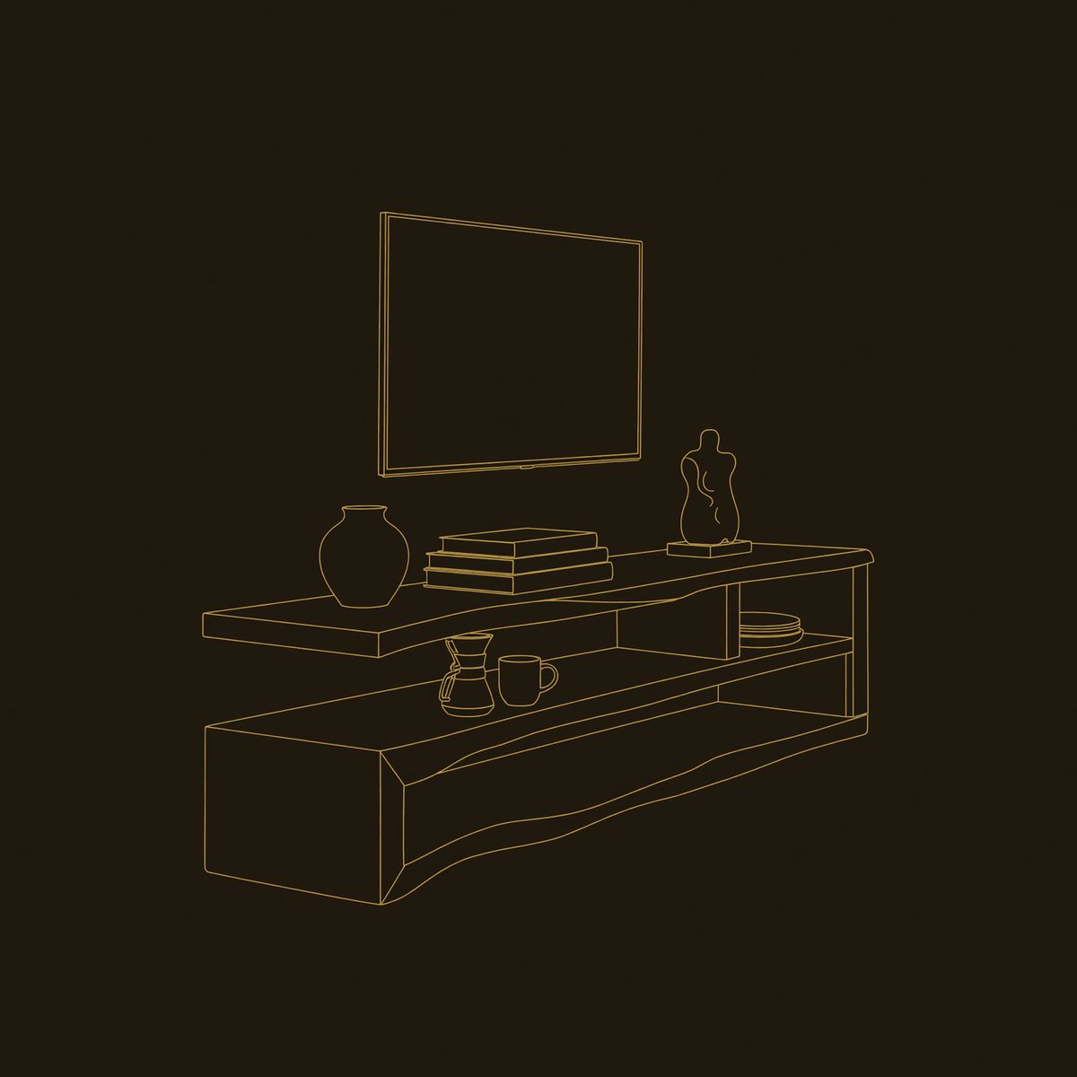 Two Slabs, One Log, One Live Edge Media Console dimension diagram