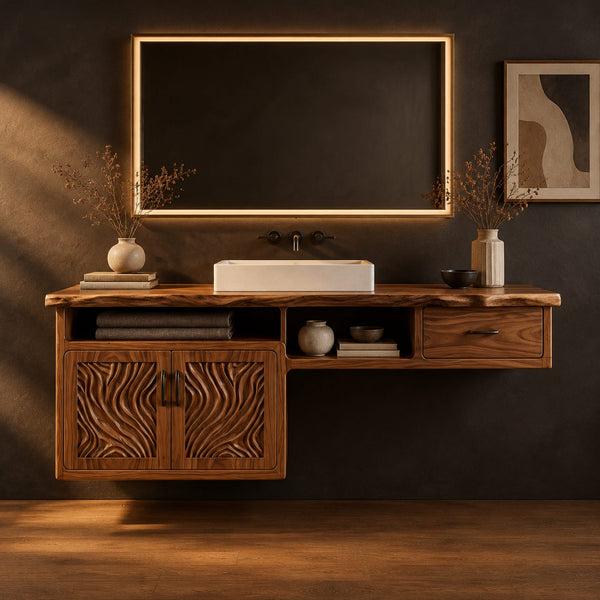 Live Edge Bathroom Vanity With Carved Wave Doors And Open Shelf