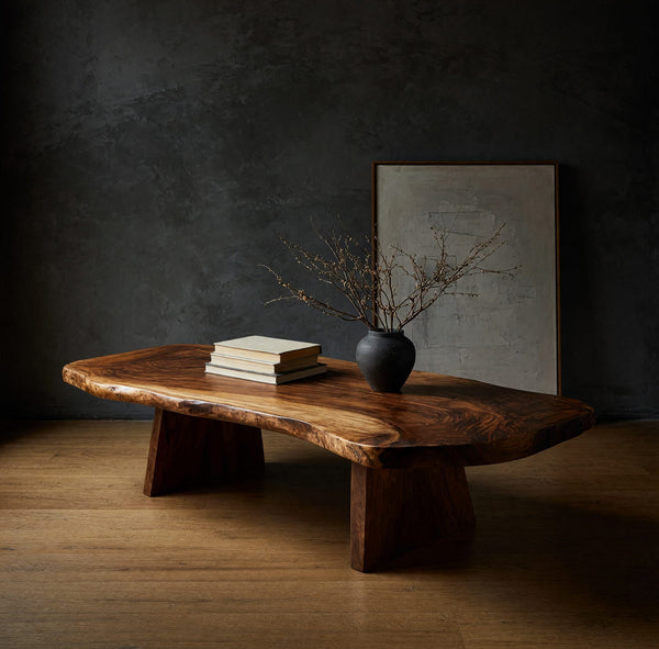 Live Edge Coffee Table on Two Wedge Pedestals