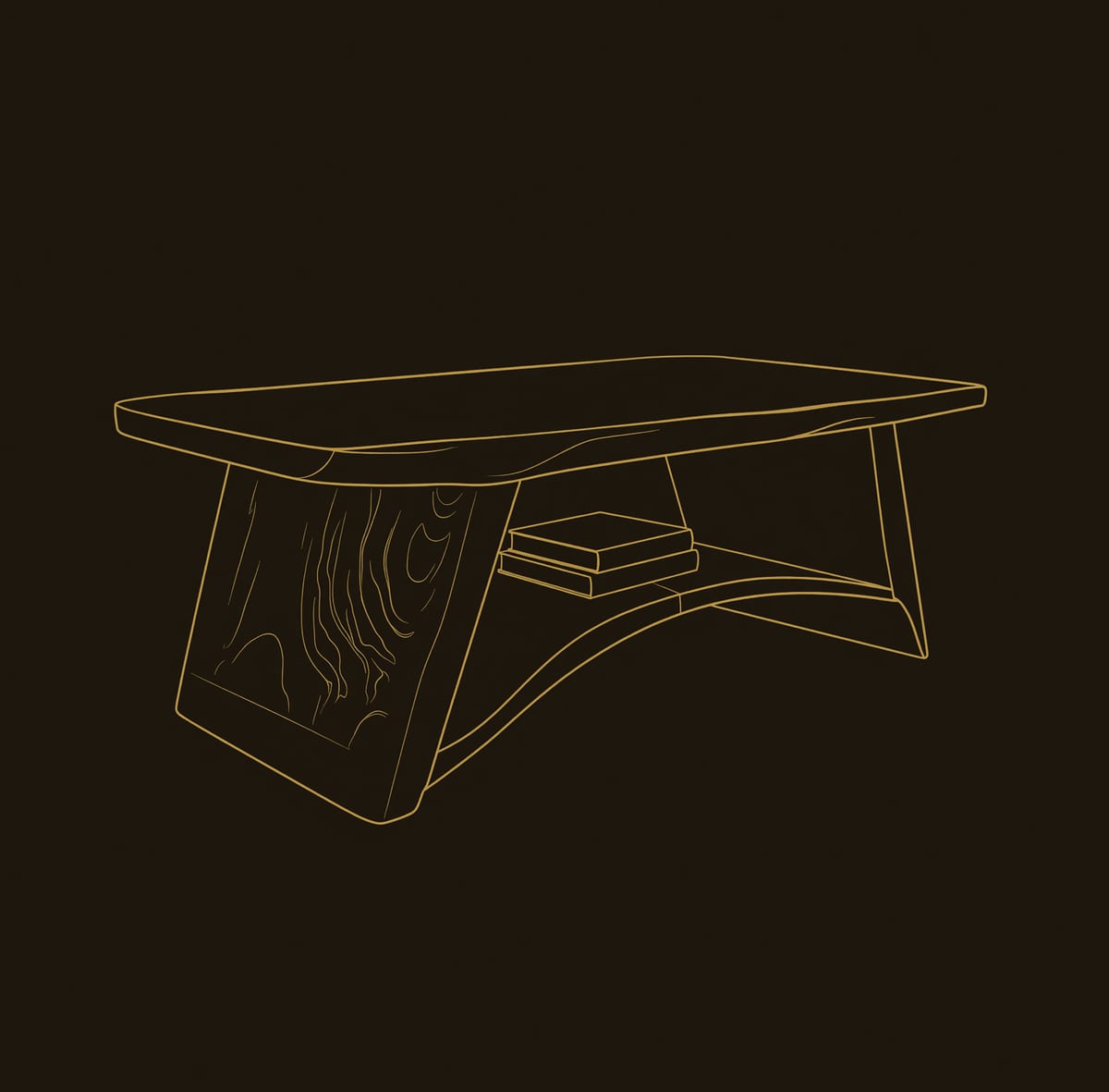 Live Edge Coffee Table with Hand Sculpted Legs and Low Shelf dimension diagram