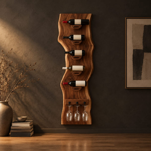 Live Edge Slab Wine Rack With Stacked Bottle Cradles