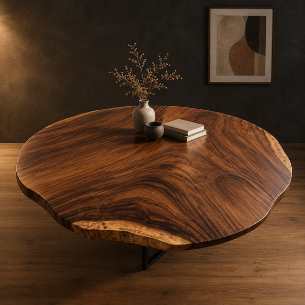 Live Edge Table Top With Wavy Outline And Flowing Dark Grain