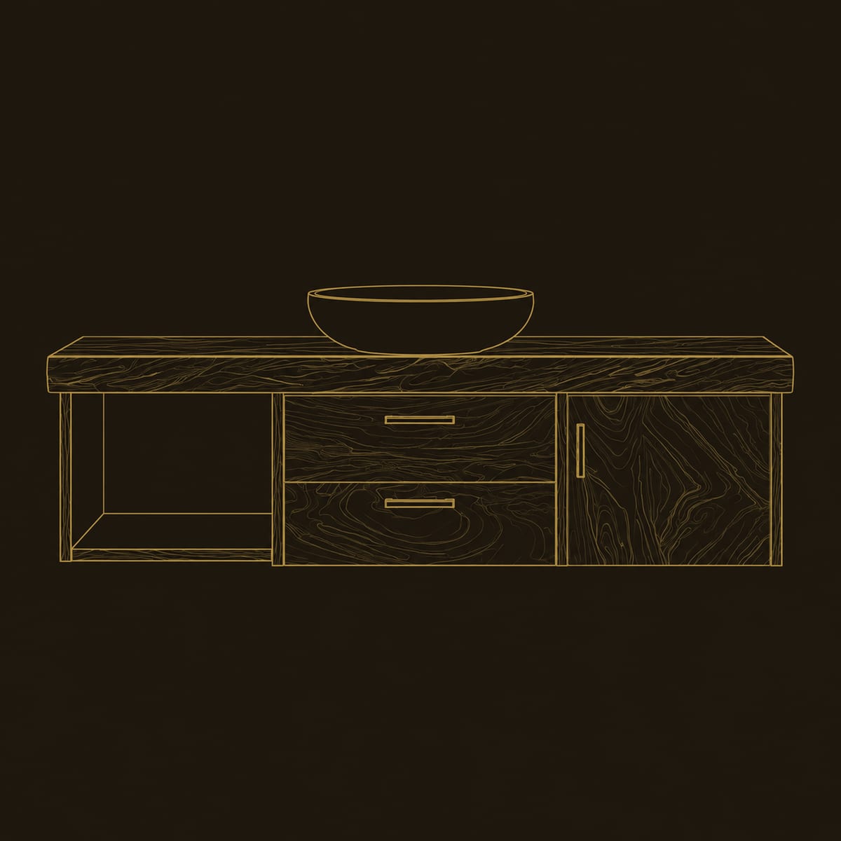 Live Edge Top Bathroom Vanity With Two Drawers And Open Cubby dimension diagram