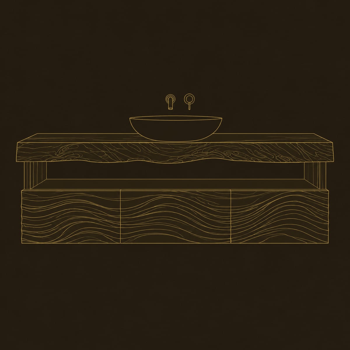 Live Edge Top Bathroom Vanity With Wave Carved Front And Open Shelf dimension diagram