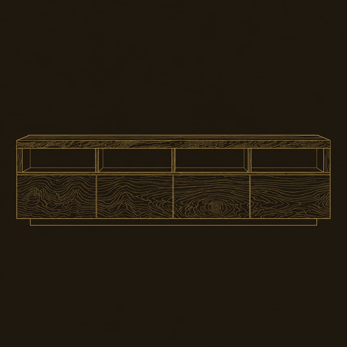 Live Edge TV Stand With Four Open Cubbies And Swirling Grain Fronts dimension diagram