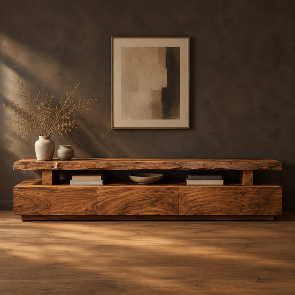 Live Edge TV Stand With Raised Slab Top And Open Display Gap