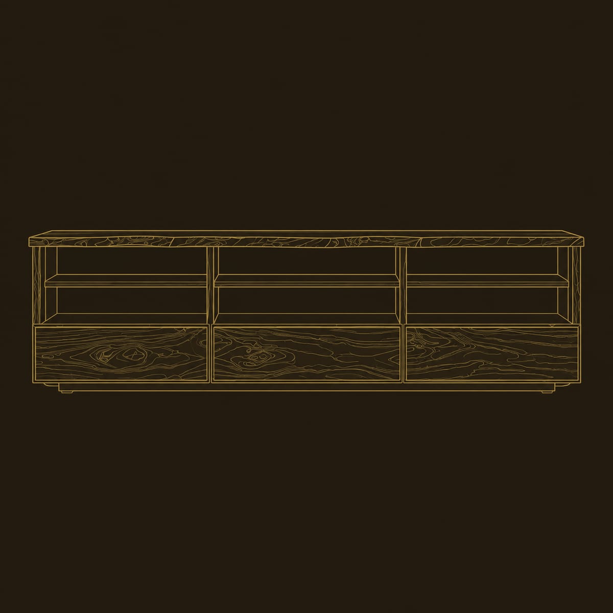 Live Edge TV Stand With Three Open Shelf Bays And Lower Panels dimension diagram
