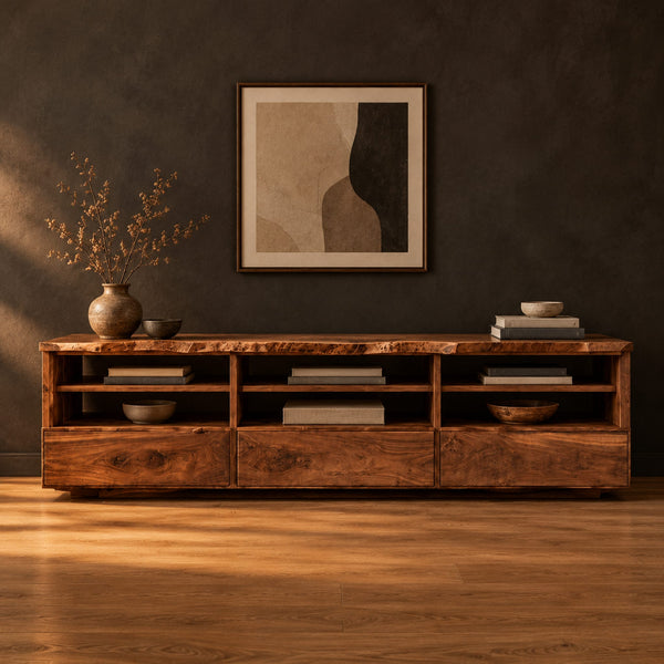 Live Edge TV Stand With Three Open Shelf Bays And Lower Panels