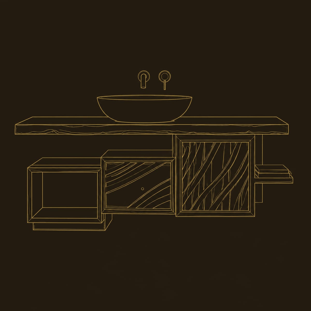 Live Edge Wave Carved Bathroom Vanity, Open Cubby, Side Shelf dimension diagram