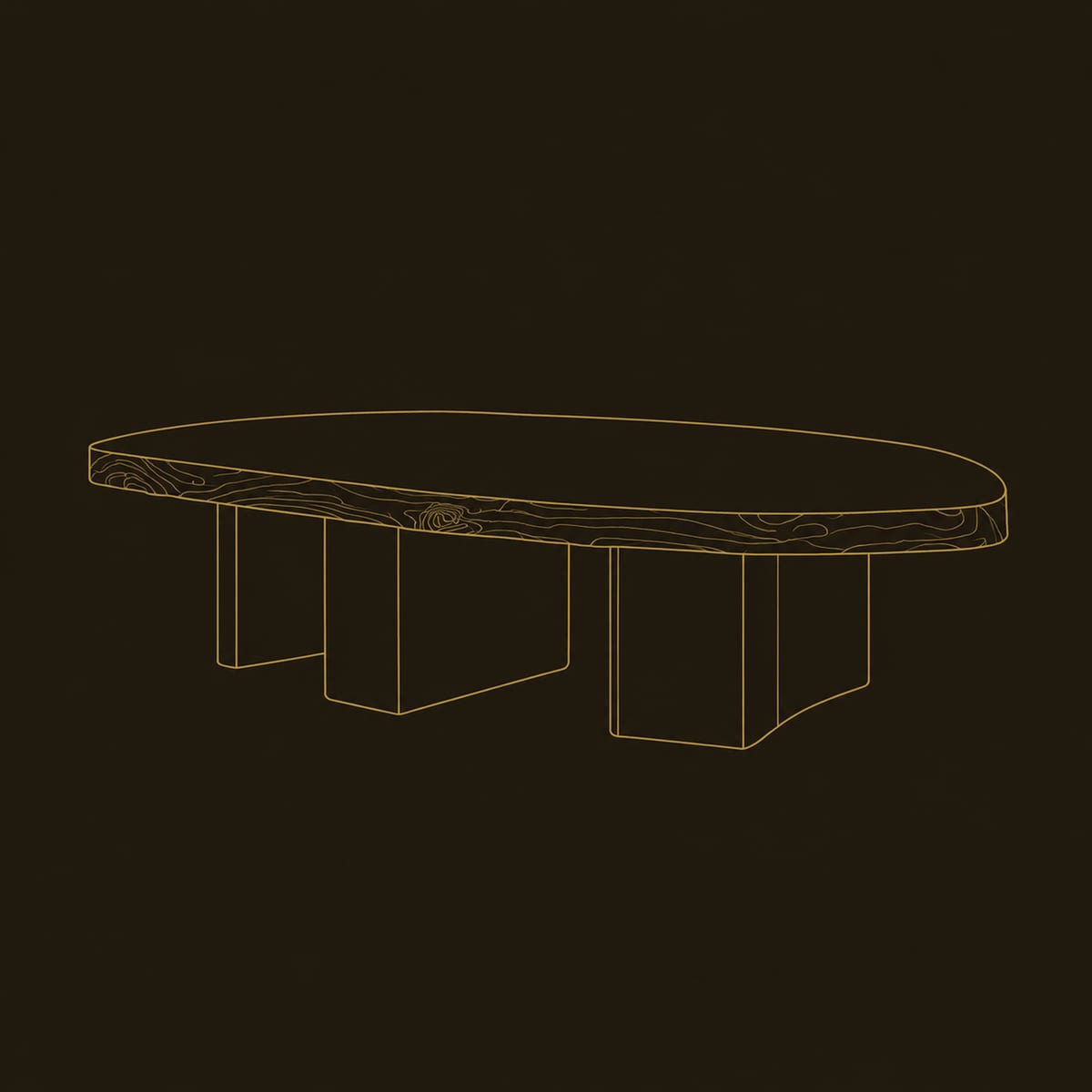 Long Leaf Coffee Table Resting On Three Chunky Block Legs dimension diagram