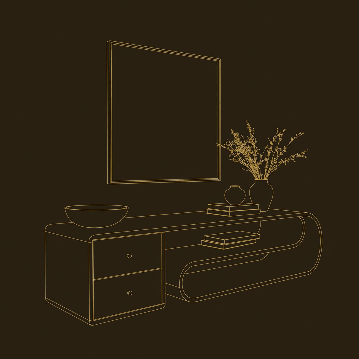 Looping Shelf TV Console in Solid Hardwood with Drawers dimension diagram