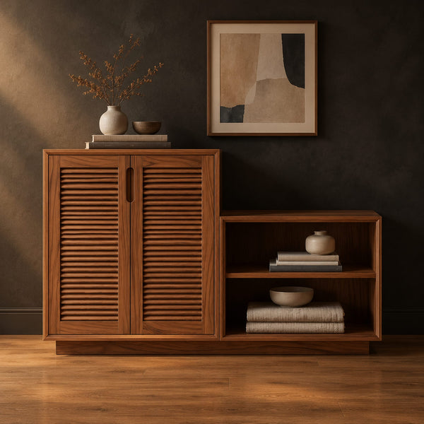 Louvered Two Door Storage Bench With Stepped Open Shelf Unit