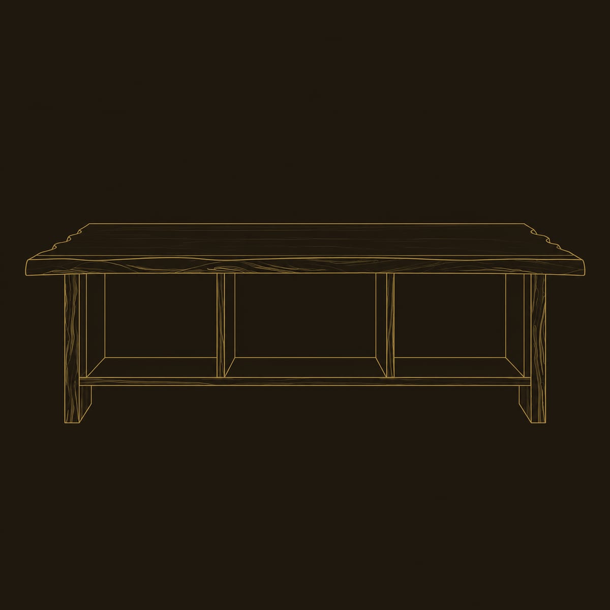 Low Coffee Table With Natural Wavy Edge Top And Three Open Cubbies dimension diagram