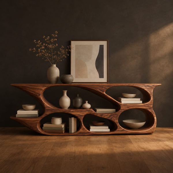 Low Sculptural Bookshelf With Organic Open Pockets And Winged Ends