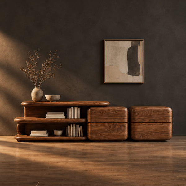 Low Sideboard With Open Shelf Bay And Two Soft Edged Cabinet Blocks