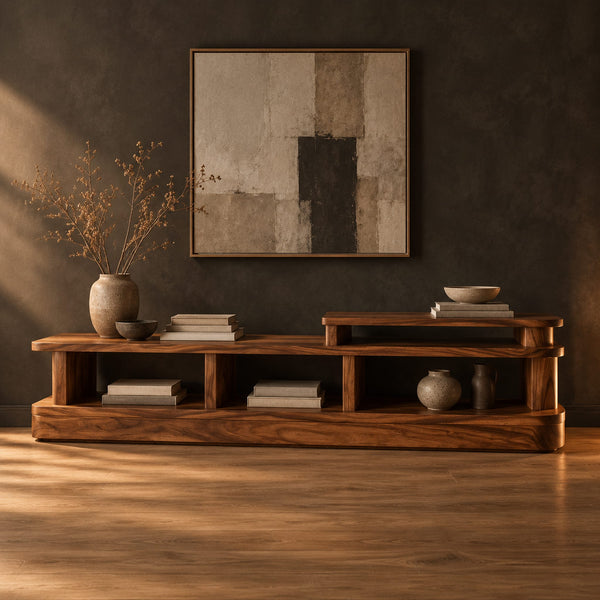 Low Stepped Open Shelf Console Table With A Raised Right Section