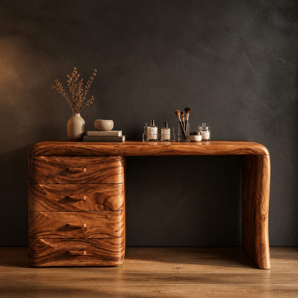 Makeup Vanity Desk With Four Wave Carved Drawers And Slab Leg