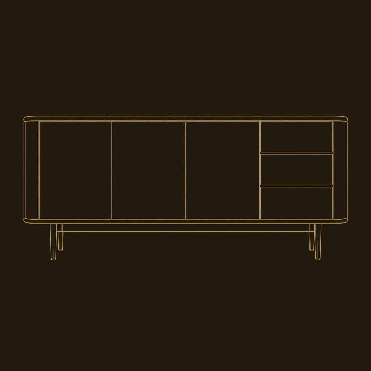 Mid Century Sideboard With Three Drawers And Tapered Legs dimension diagram