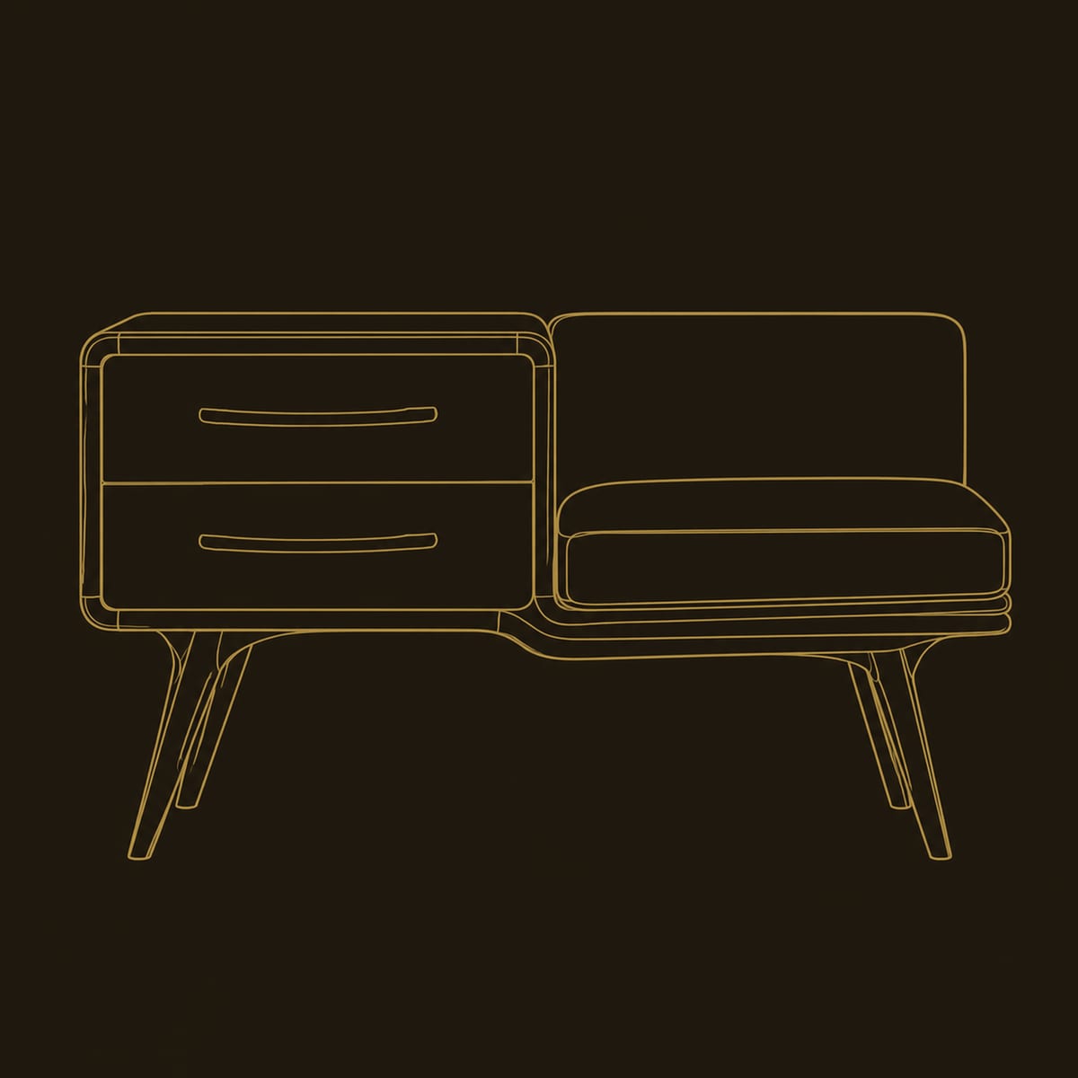Mid Century Storage Bench With Two Drawer Block And Seat Cushion dimension diagram