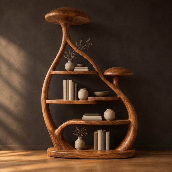 Mushroom Cap Bookshelf With A Tall Sculpted Frame And Oval Base