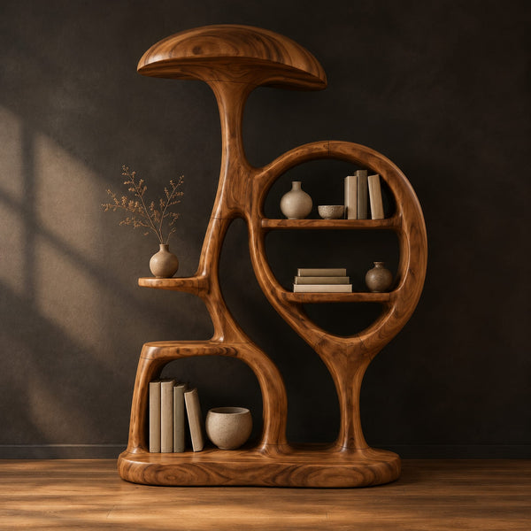 Mushroom Cap Bookshelf With An Oval Shelf Loop And Curling Stem