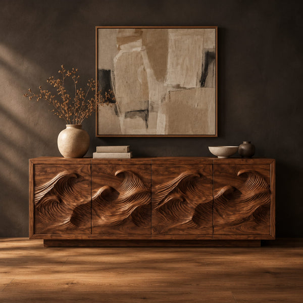 Ocean Wave Carved Sideboard With Four Relief Panels