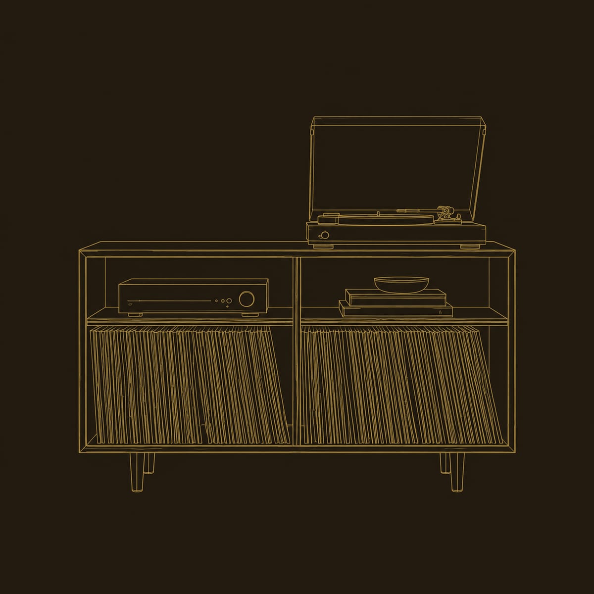 Open Four Bay Turntable Stand With Short Tapered Legs dimension diagram