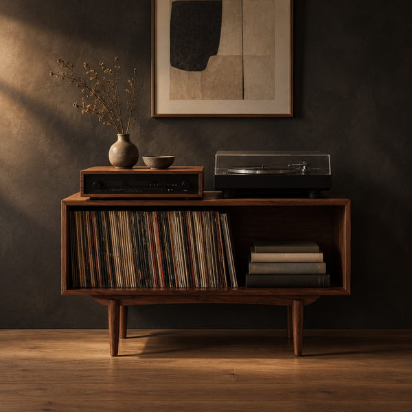 Open Front Record Player Stand With One Wide Bay On Slim Legs