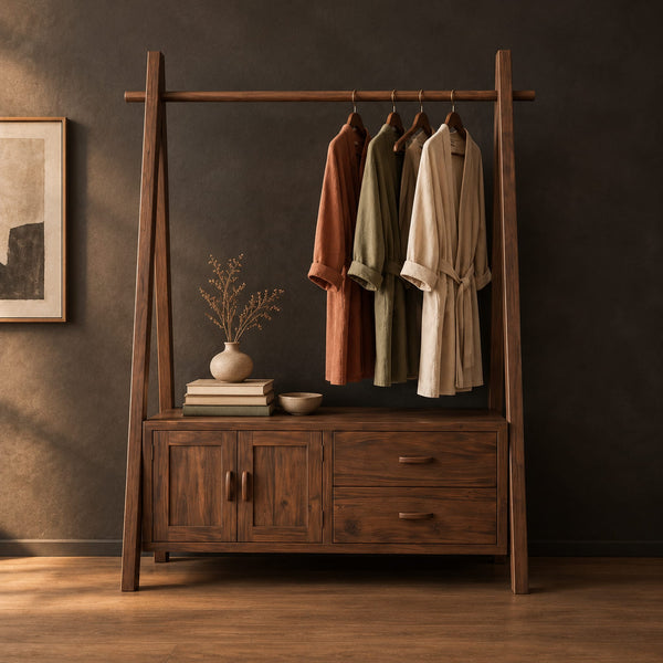 Open Rail Wardrobe With Slanted Side Posts And Two Drawers