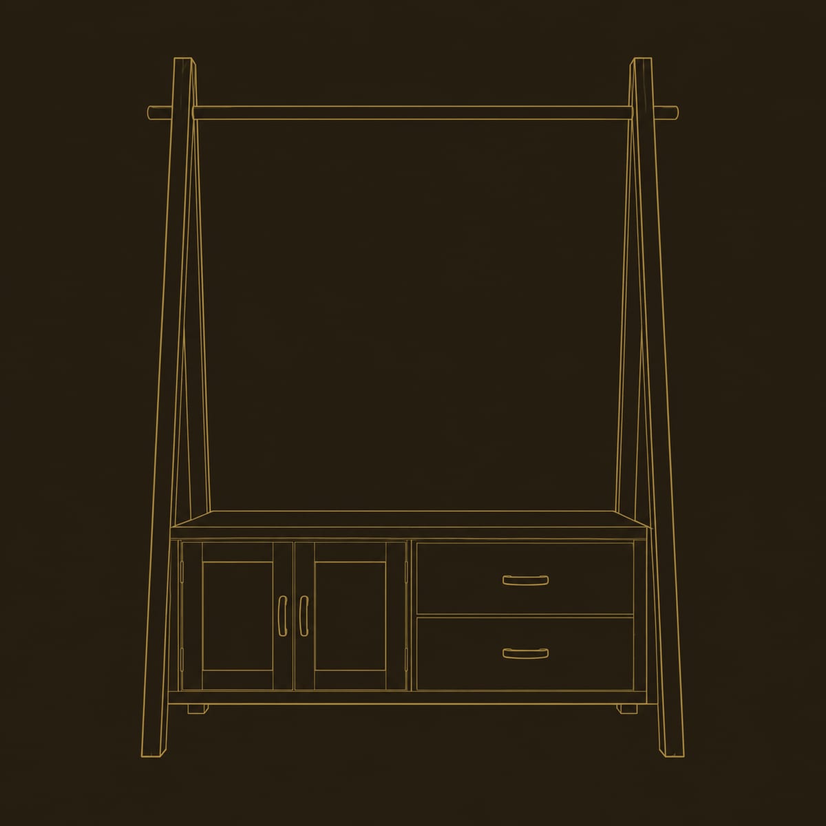 Open Rail Wardrobe With Slanted Side Posts And Two Drawers dimension diagram