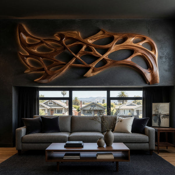 Openwork Wall Sculpture, Hand Carved in Organic Solid Wood