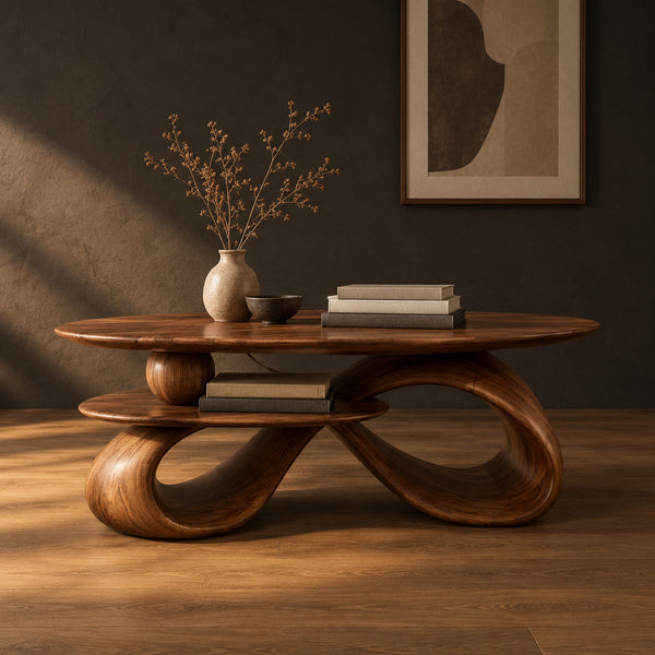 Oval Coffee Table With Lower Shelf And Looping Ribbon Base