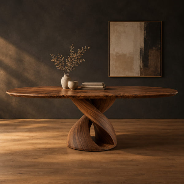Oval Dining Table With Twisting Ribbon Pedestal Base