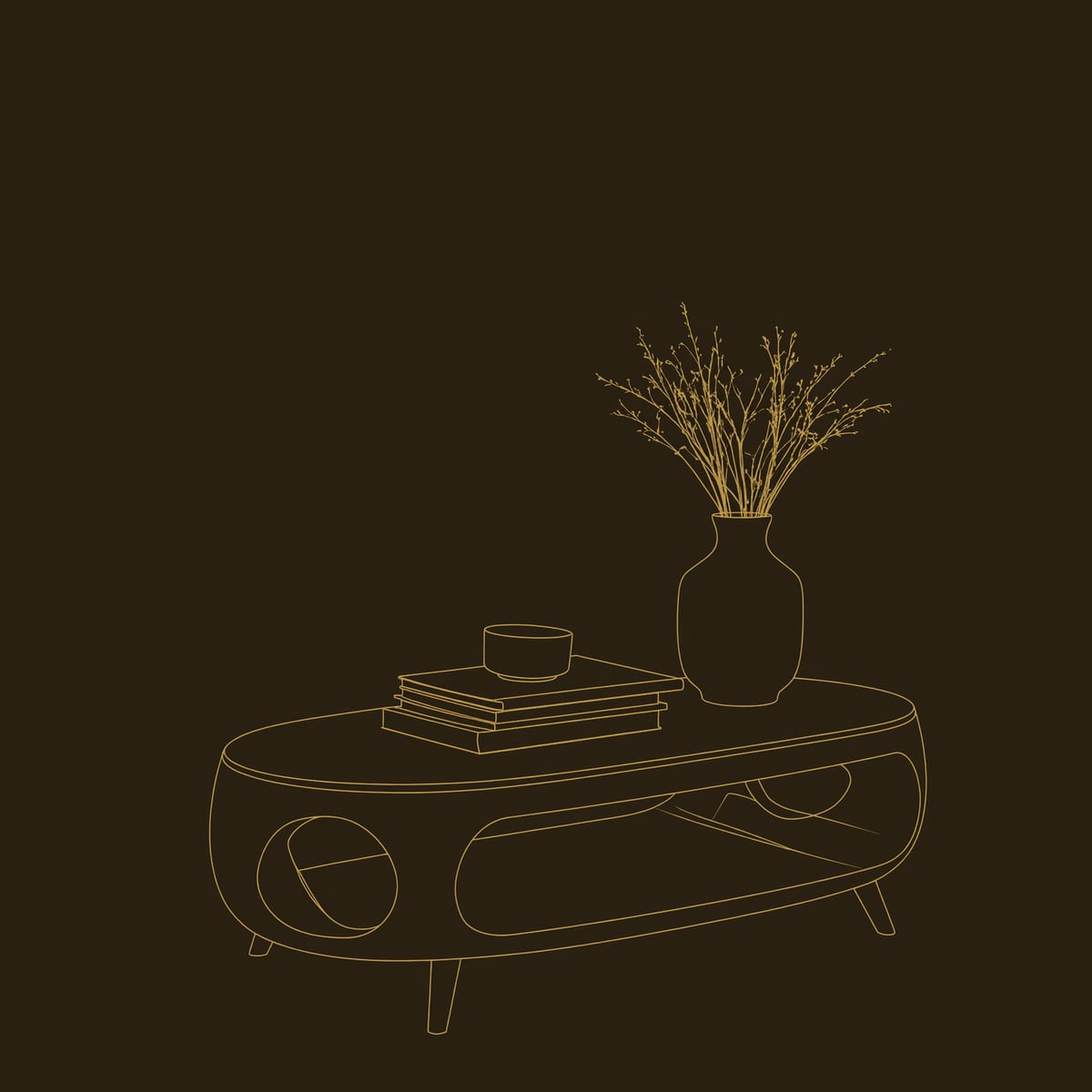 Oval Porthole Coffee Table with a Low Shelf and Tapered Legs dimension diagram