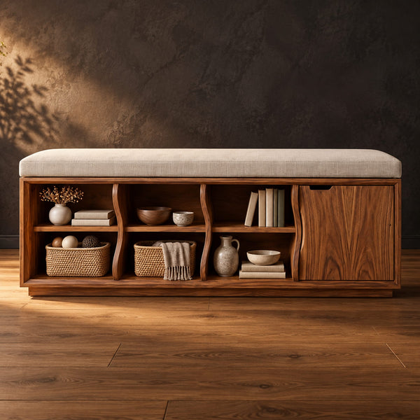 Padded Storage Bench With Wavy Open Cubbies And Door Panel