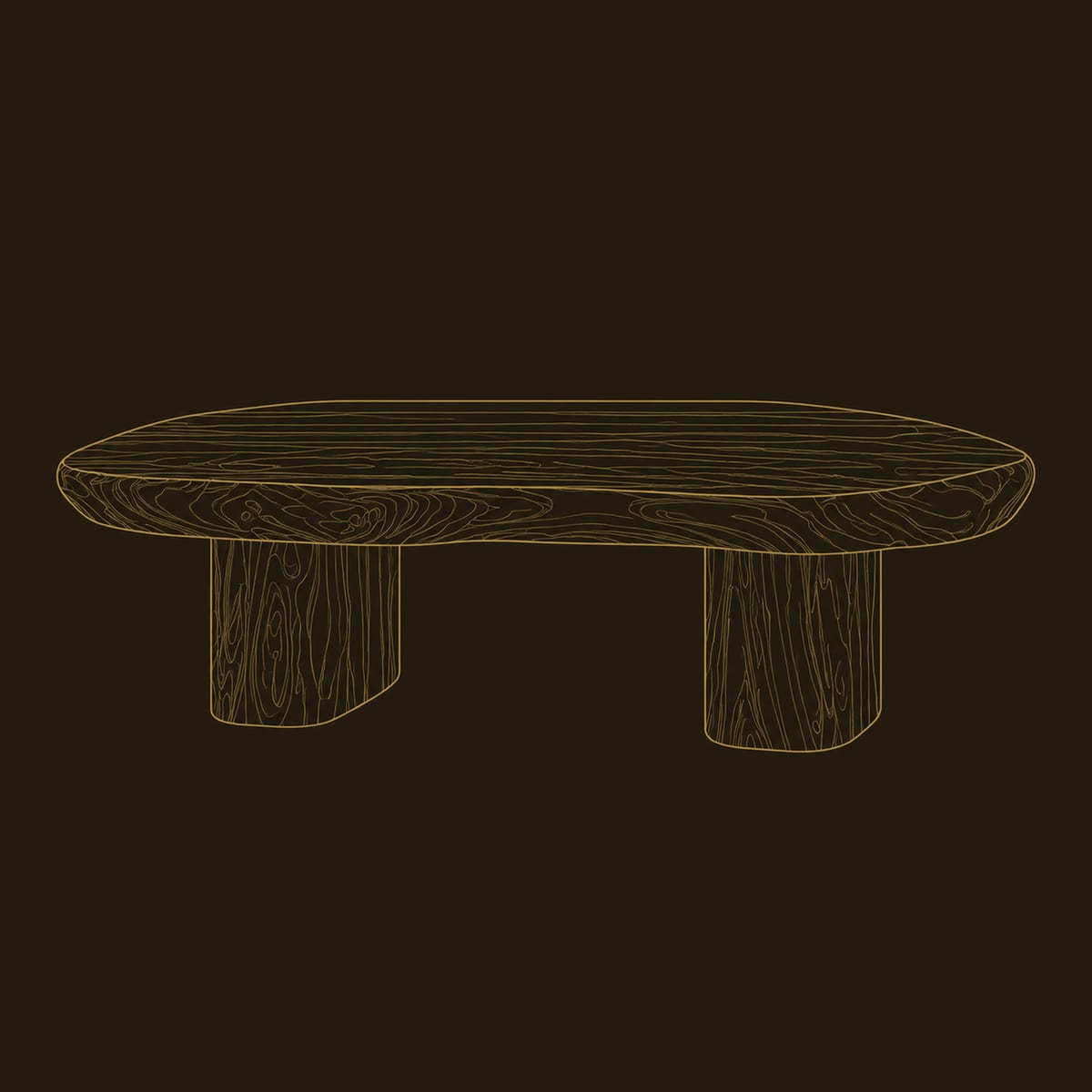 Pebble Shaped Coffee Table With Two Thick Column Legs dimension diagram