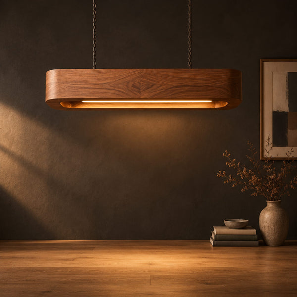 Pill Shaped Pendant Light With Wood Grain Body And Warm Glow