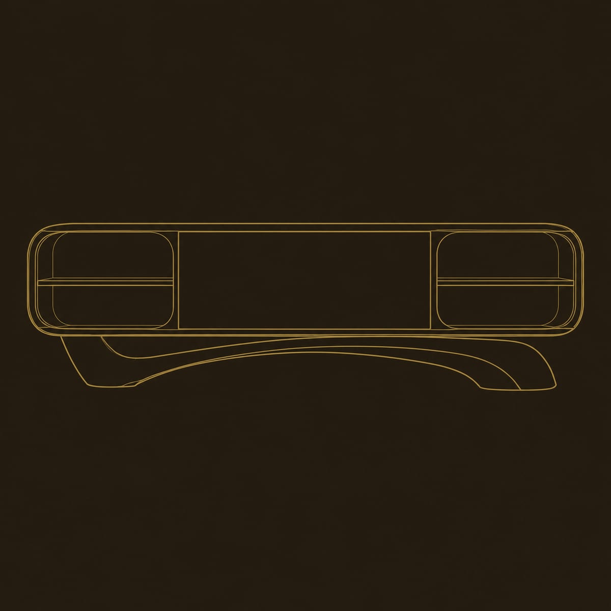 Pill Shaped TV Stand With Open End Shelves On A Wave Base dimension diagram