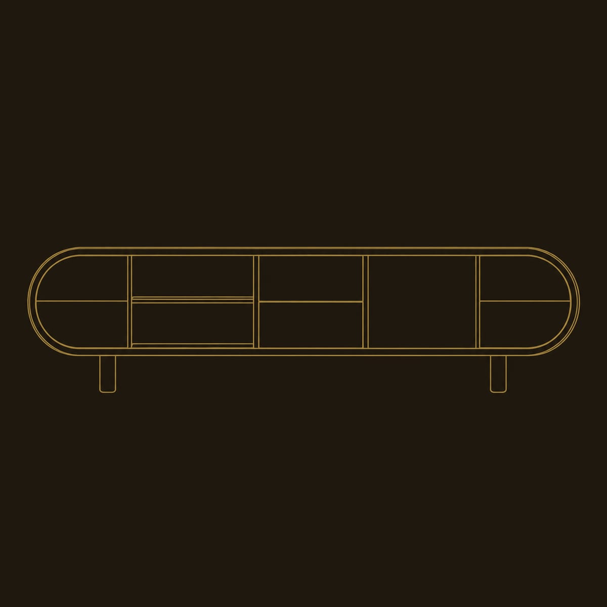 Pill Shaped TV Stand With Open Shelf Bays And Slim Peg Legs dimension diagram