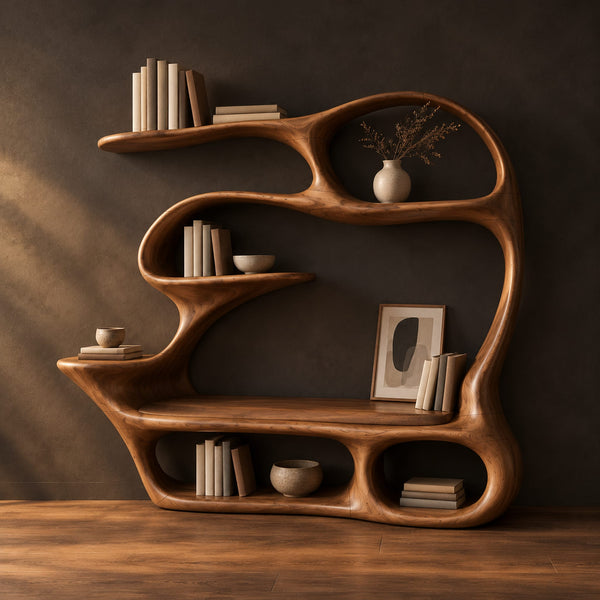 Reading Seat Bookshelf With Sculpted Loop Frame And Low Cubbies