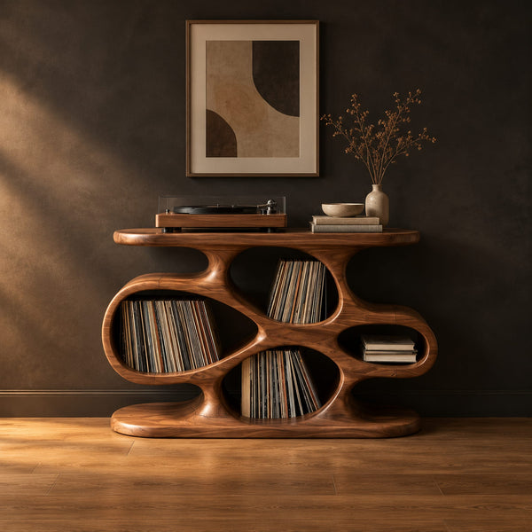 Record Player Stand With Flowing Sculpted Cutouts And Flat Top