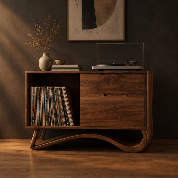 Record Player Stand With Open Bay And Sweeping Ribbon Base