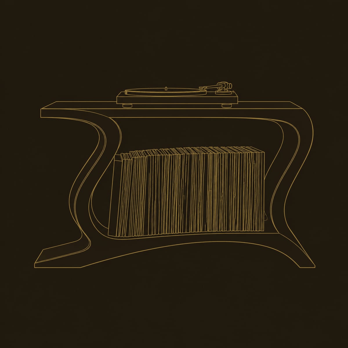 Record Player Stand With Wave Shaped Sides And A Wide Open Shelf dimension diagram