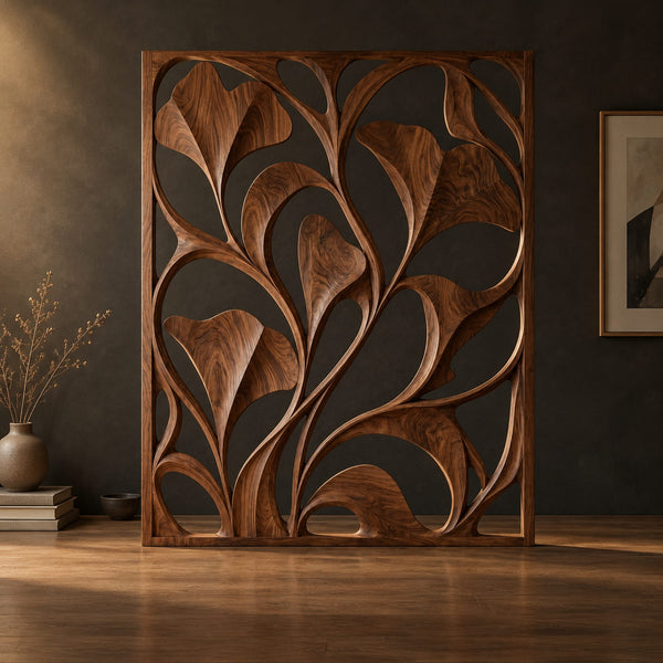 Room Divider With Openwork Fan Leaf Carving And Slim Frame