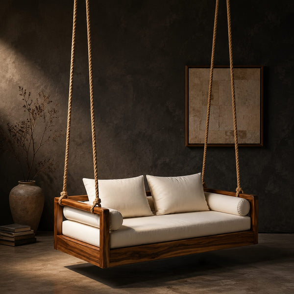 Rope Hung Wooden Swing With Low Frame And Cream Seat Cushion